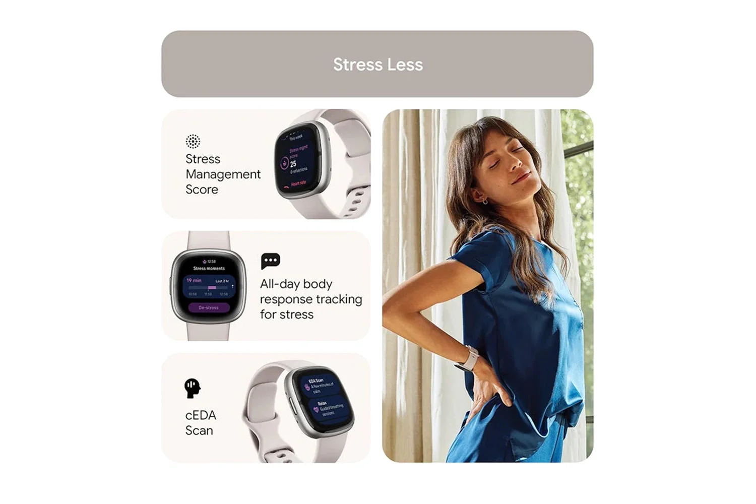 Fitbit Sense 2 - Advanced Health Smartwatch with cEDA Stress Sensor & GPS - Lunar White/Platinum | 79-FB521SRWT - Image 3