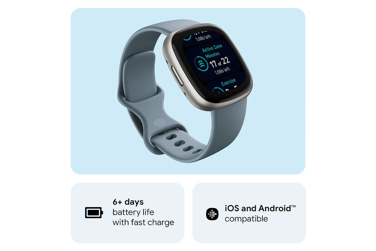 Fitbit Versa 4 - Fitness Smartwatch with GPS, NFC Payments & 40+ Exercise Modes - Waterfall Blue/Platinum | 79-FB523SRAG - Image 5