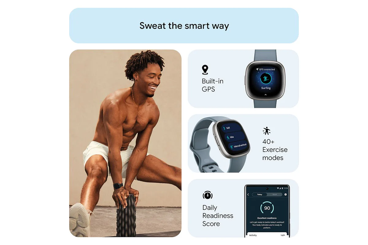 Fitbit Versa 4 - Fitness Smartwatch with GPS, NFC Payments & 40+ Exercise Modes - Waterfall Blue/Platinum | 79-FB523SRAG - Image 6